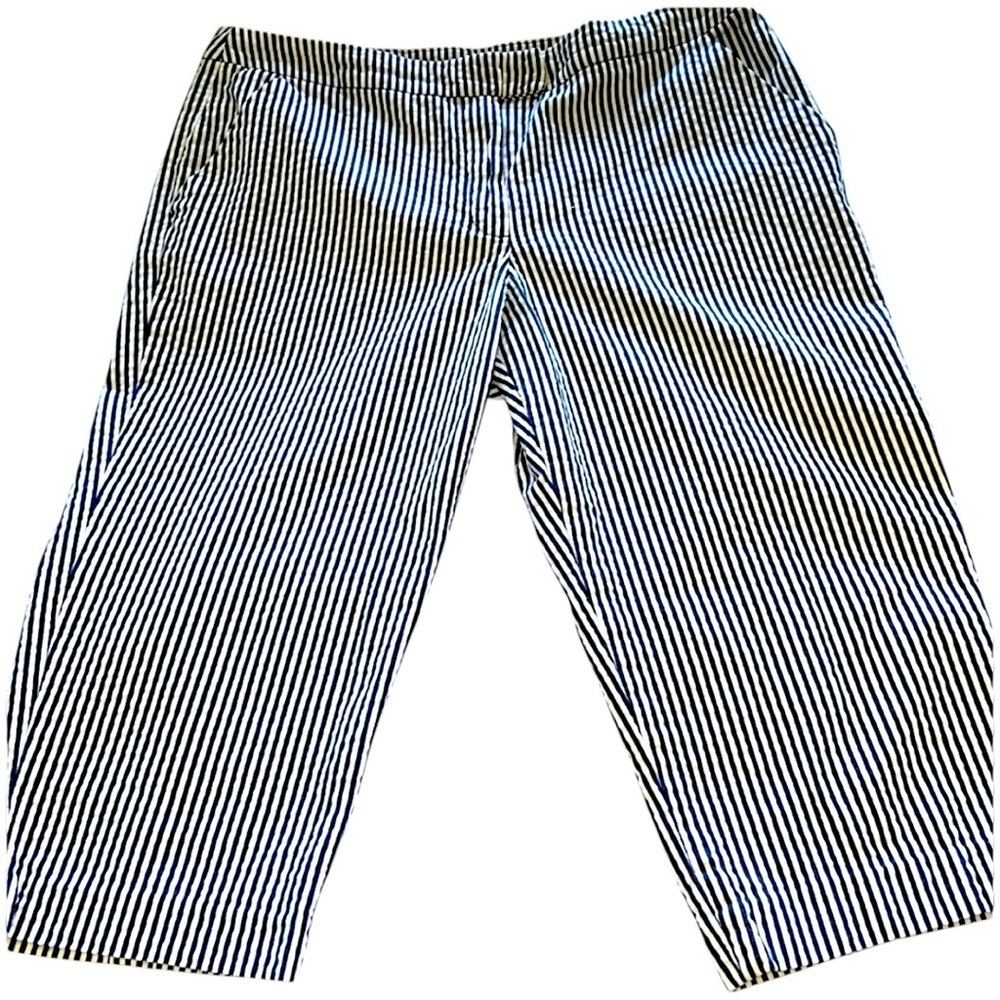 Sandro Navy White Stripe Seersucker Capri Pedal Pushers Cropped Trousers Sz 12